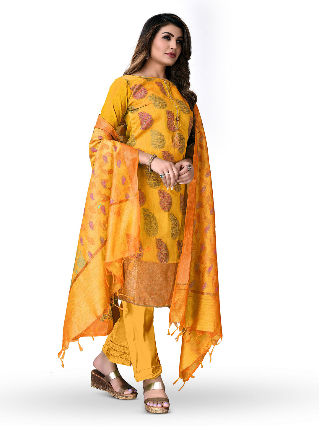 

MANVAA Ethnic Motifs Woven Design Unstitched Dress Material, Yellow