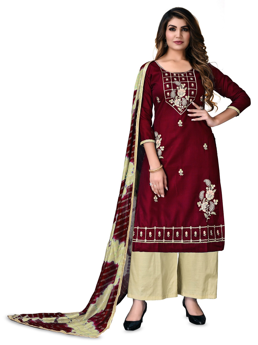 

MANVAA Ethnic Motifs Embroidered Unstitched Dress Material, Maroon