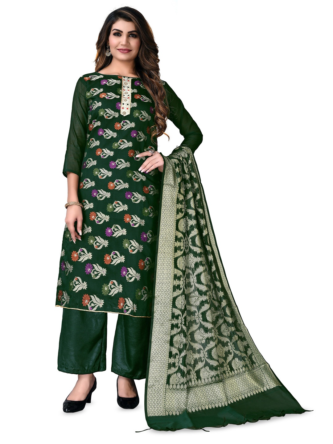 

MANVAA Ethnic Motif Woven Design Banarasi Jacquard Unstitched Dress Material, Green