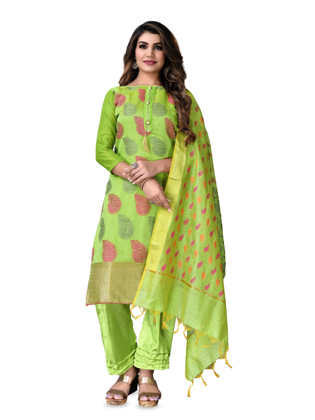 

MANVAA Paisley Woven Design Banarasi Jacquard Unstitched Dress Material, Green