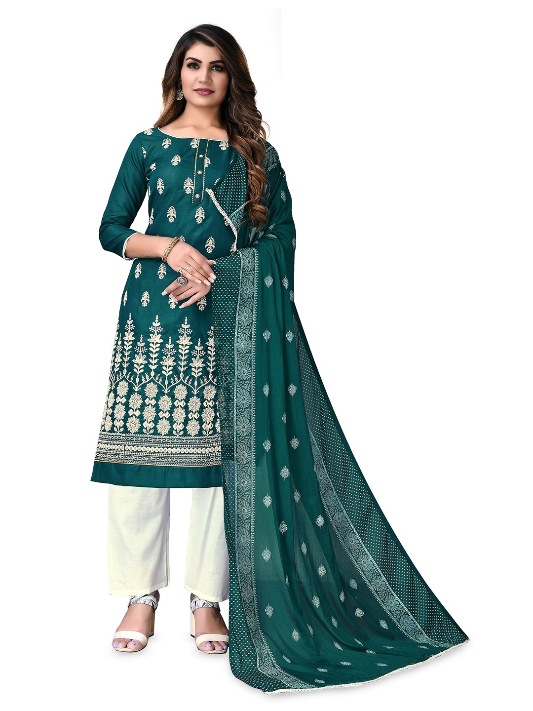 

MANVAA Embroidered Pure Cotton Unstitched Dress Material, Green