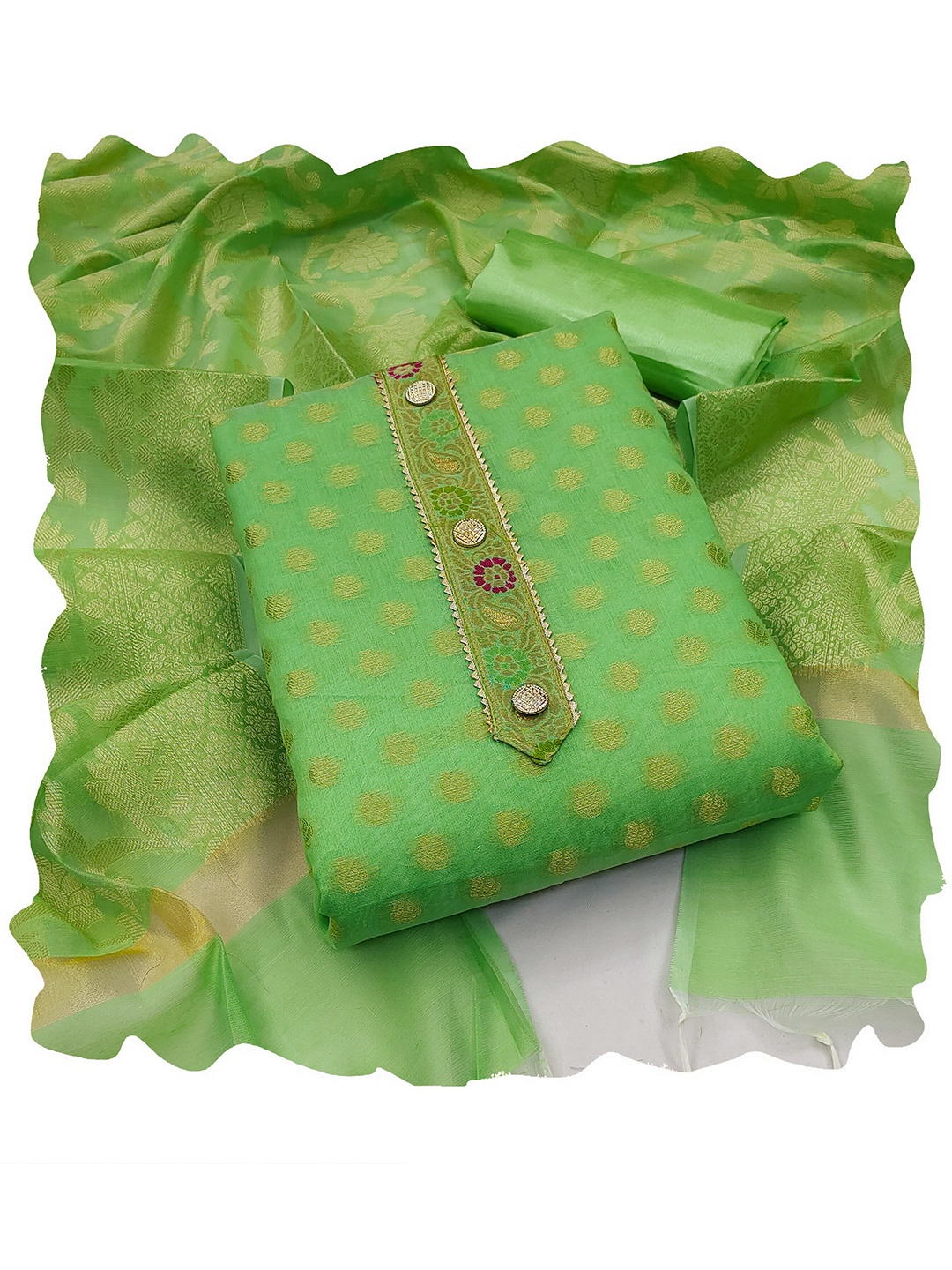 

MANVAA Ethnic Motifs Woven Design Gotta Patti Banarasi Jacquard Unstitched Dress Material, Green