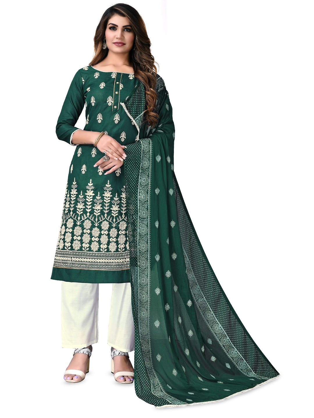 

MANVAA Ethnic Motifs Embroidered Unstitched Dress Material, Green