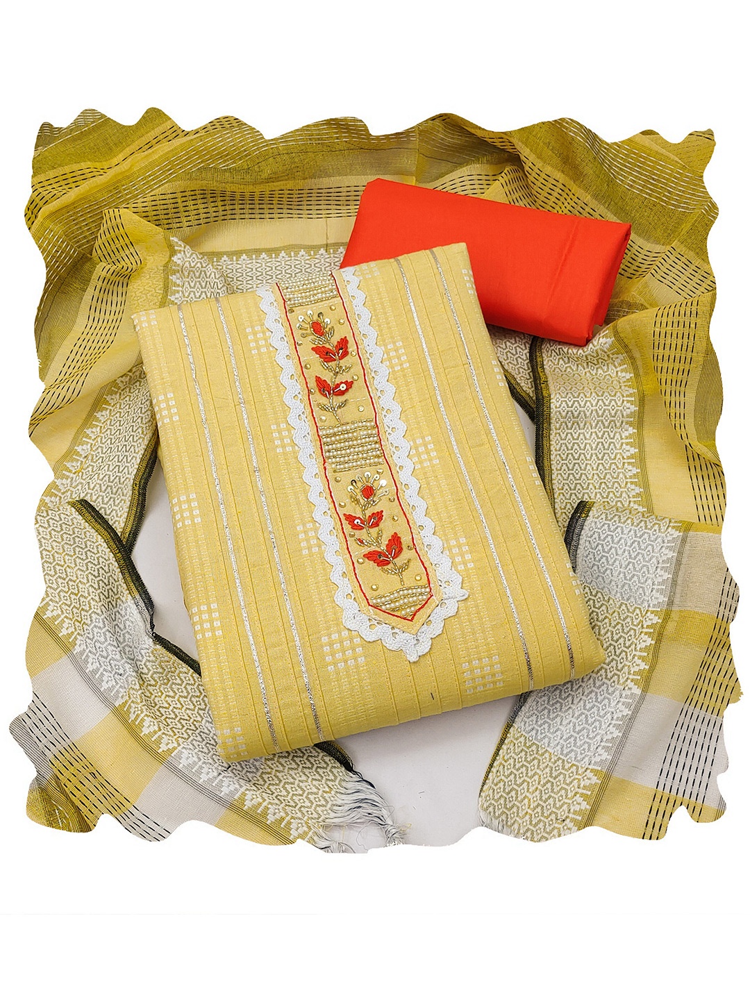 

MANVAA Striped Embellished Gotta Patti Unstitched Dress Material, Yellow