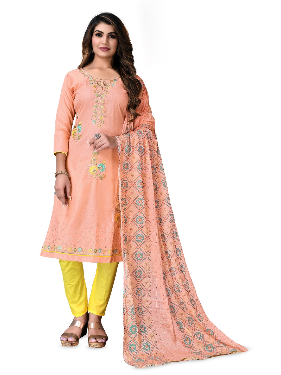 

MANVAA Floral Embroidered Pure Cotton Unstitched Dress Material, Peach