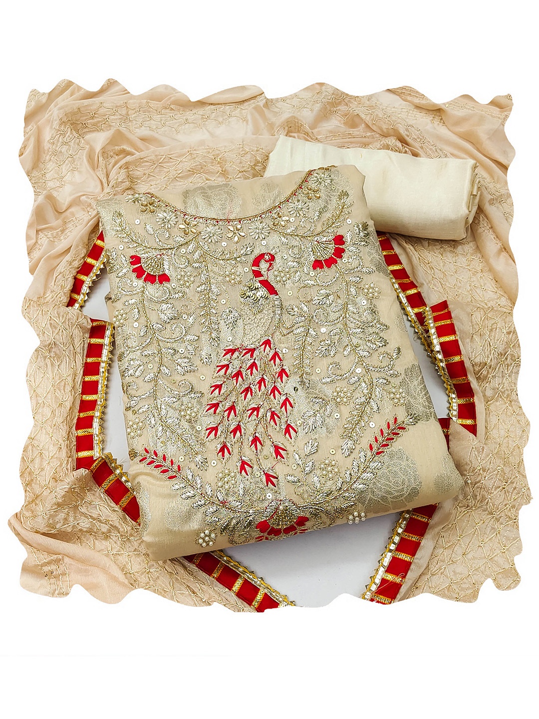 

MANVAA Floral Woven Design Beads and Stones Unstitched Dress Material, Beige