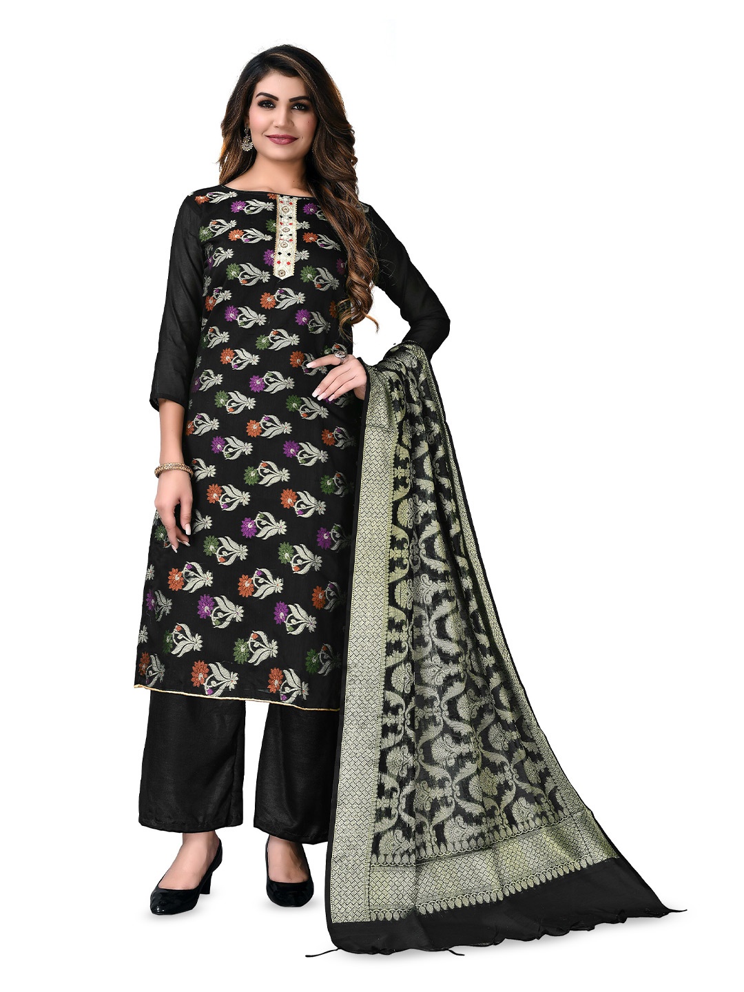 

MANVAA Floral Woven Design Unstitched Dress Material, Black