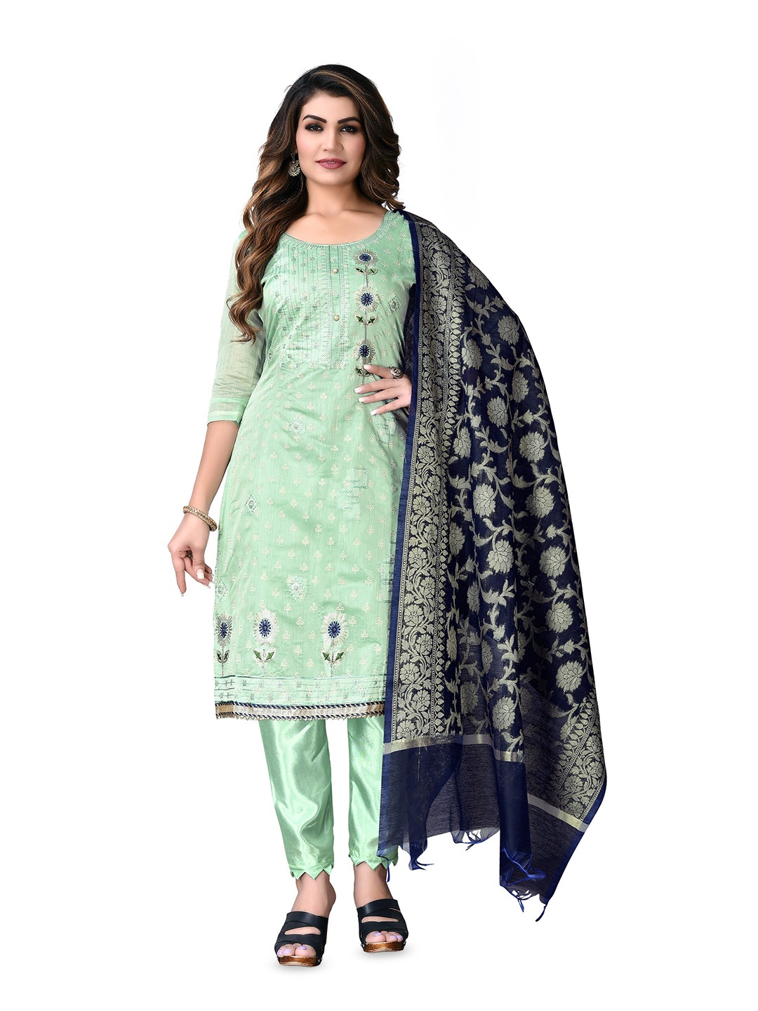 

MANVAA Ethnic Motifs Embroidered Thread Work Chanderi Cotton Unstitched Dress Material, Green