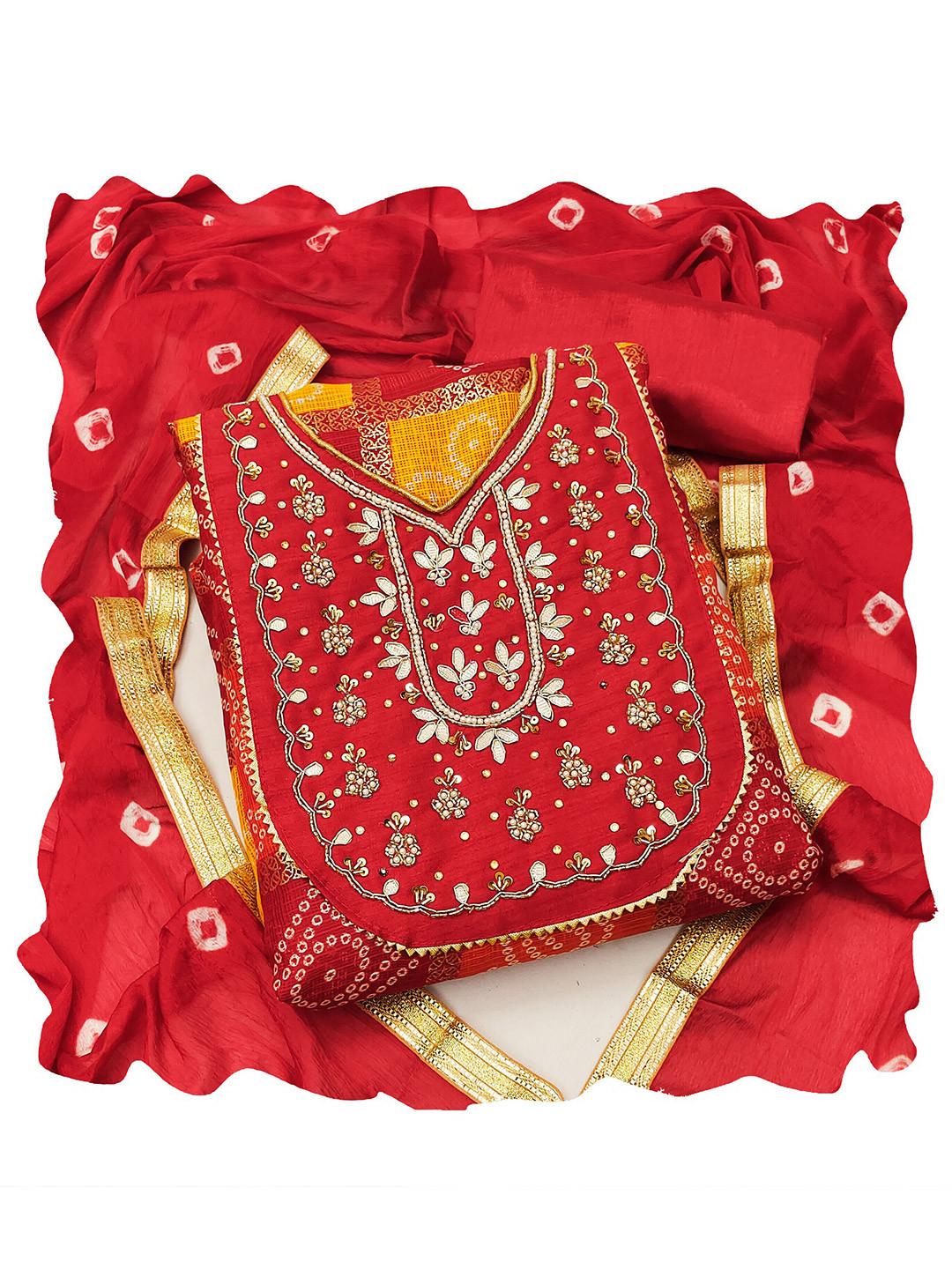 

MANVAA Floral Printed Pure Cotton Unstitched Dress Material, Red