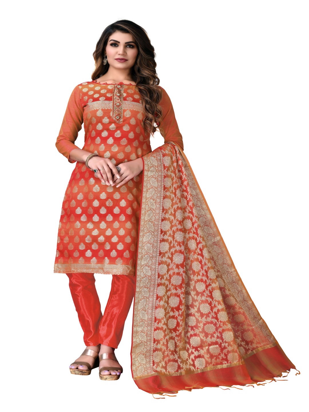 

MANVAA Ethnic Motifs Woven Design Unstitched Dress Material, Red