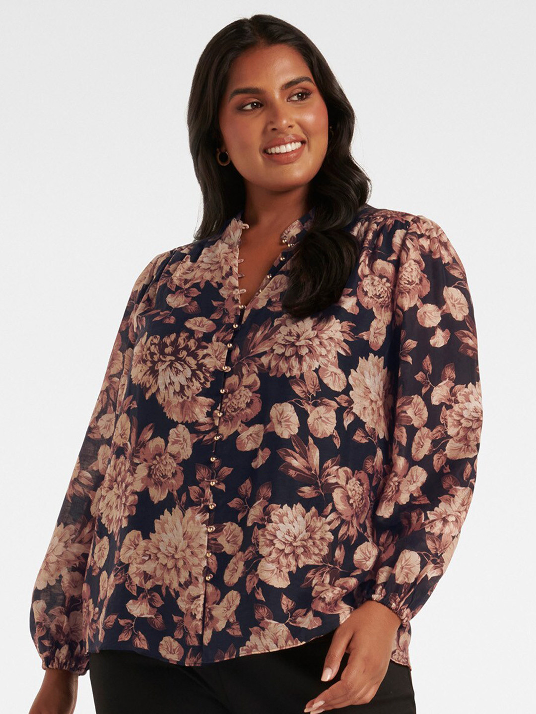 

Forever New Plus Size Floral Printed Mandarin Collar Puff Sleeves Top, Purple