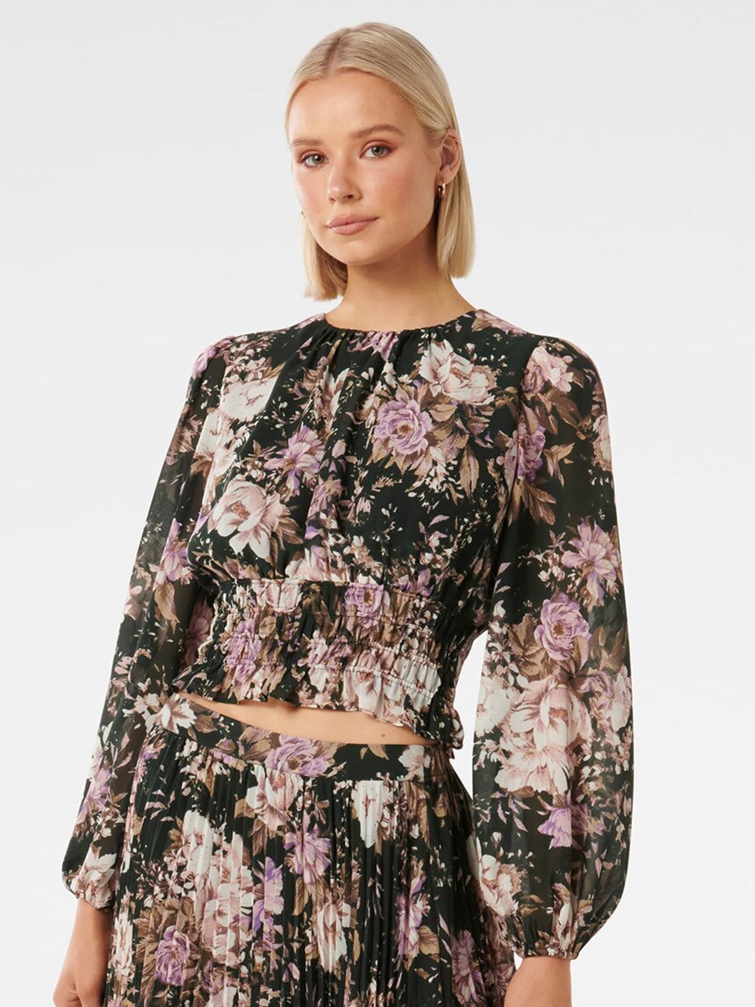 Forever New Floral Printed Puff Sleeves Blouson Top, Black