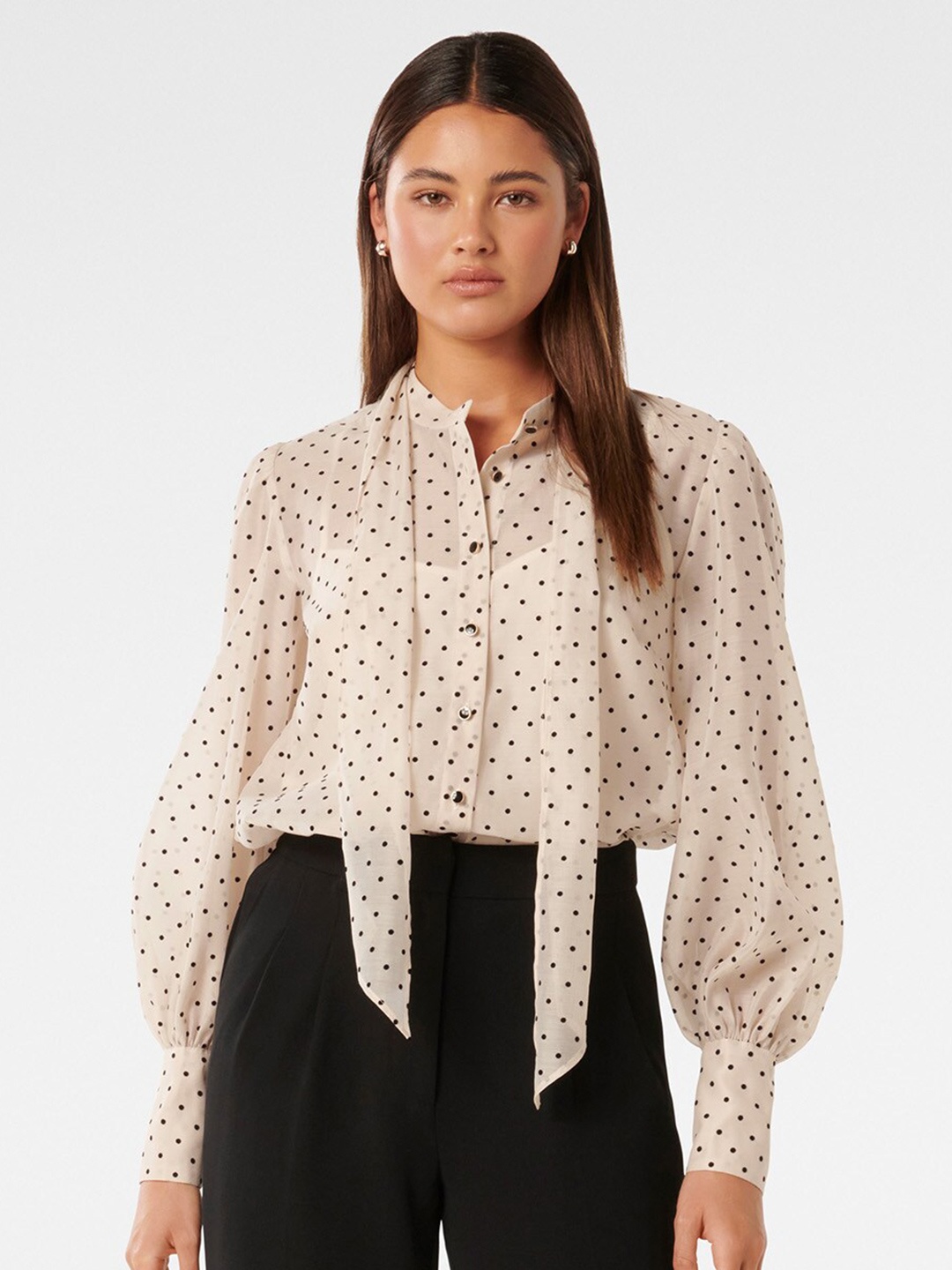 

Forever New Polka Dots Printed Tie-Up Neck Shirt Style Top, Off white