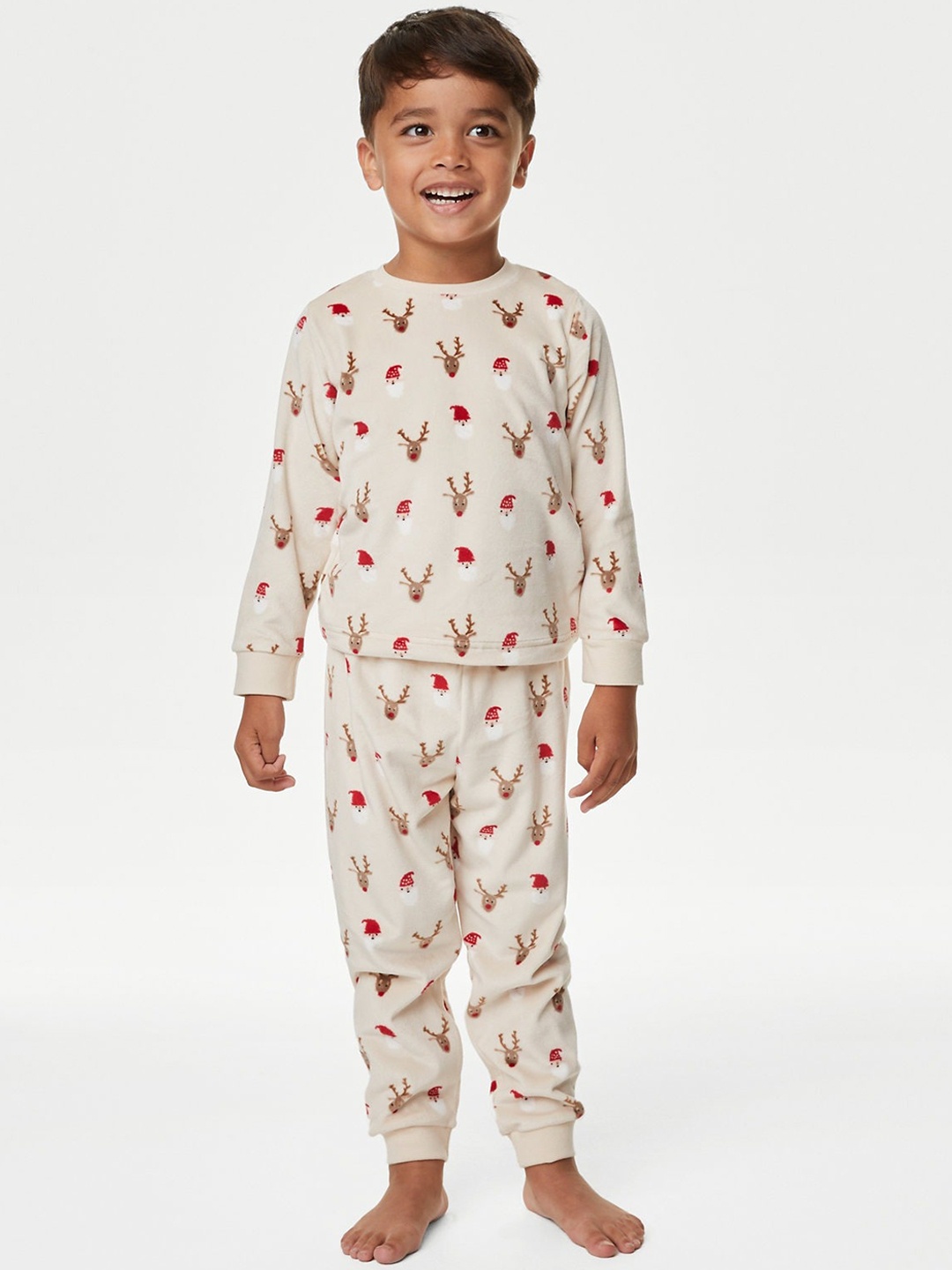

Marks & Spencer Boys Printed Velour Christmas Night Suit, Off white