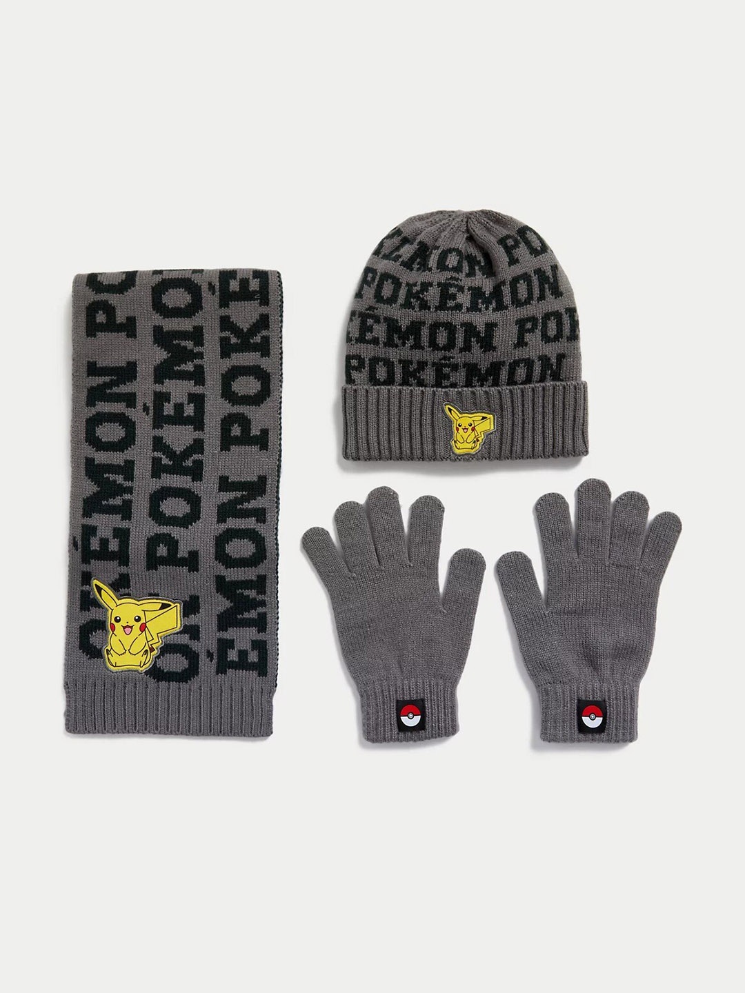 

Marks & Spencer Boys Set Of 3 Typography Printed Pokemon Cap Scarf and Glove, Grey