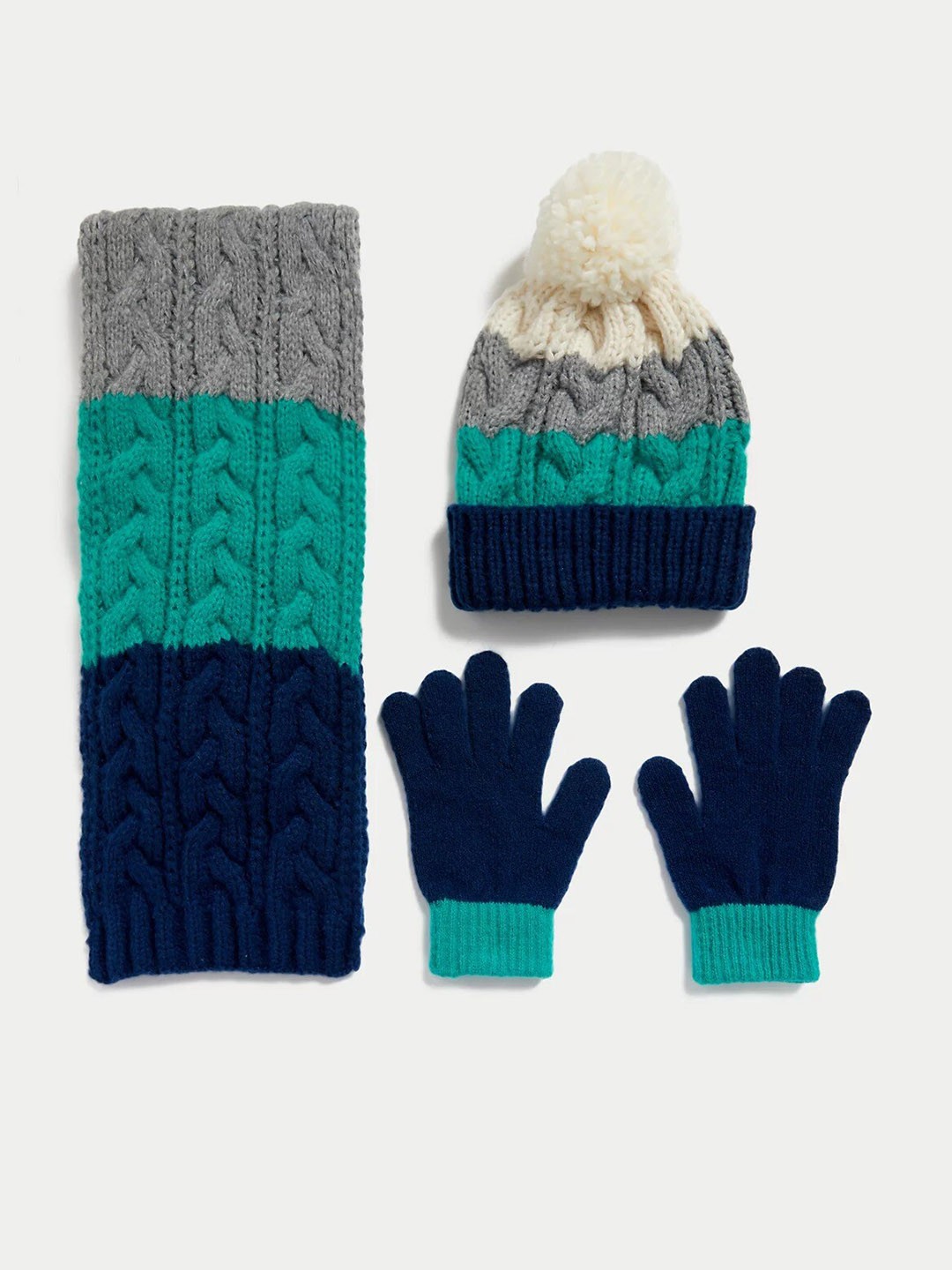 

Marks & Spencer Boys Set Of 3 Self Design Beanie Scarf and Glove, Green