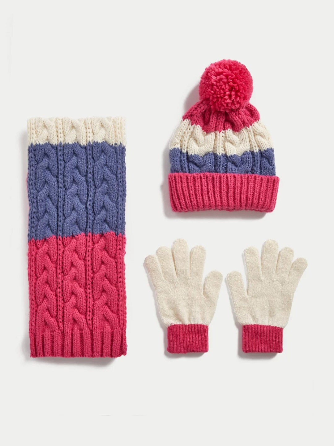

Marks & Spencer Girls Set Of 3 Self Design Beanie Scarf and Glove, Magenta