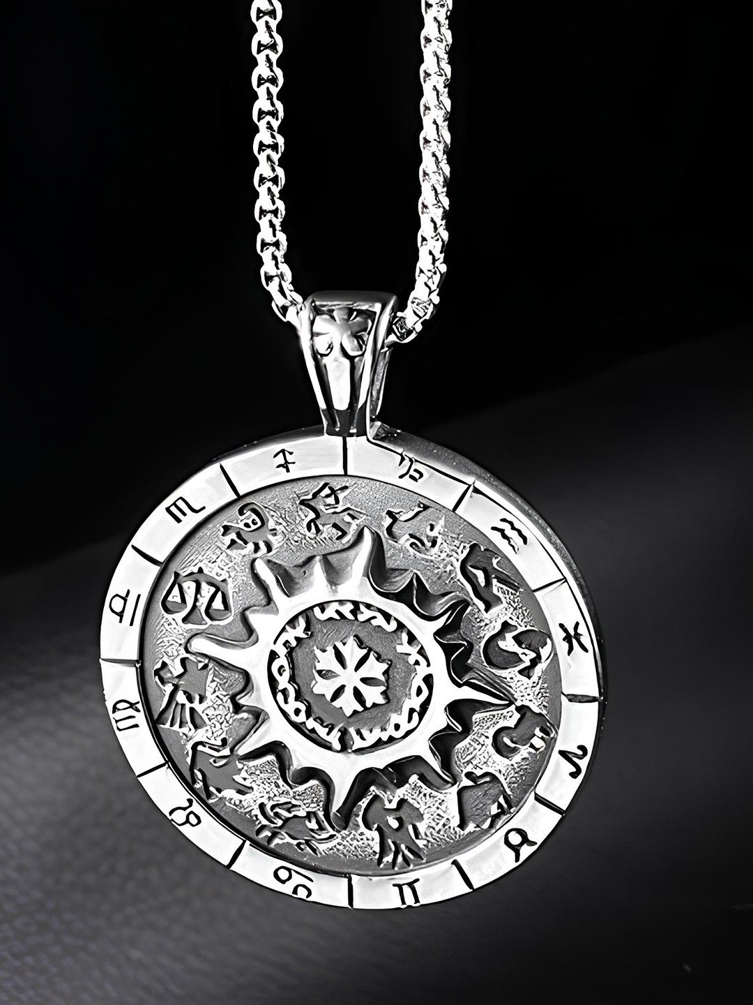 

KARISHMA KREATIONS Silver Plated 12 Constellation Zodiac Caompass Charm Pendant With Chain