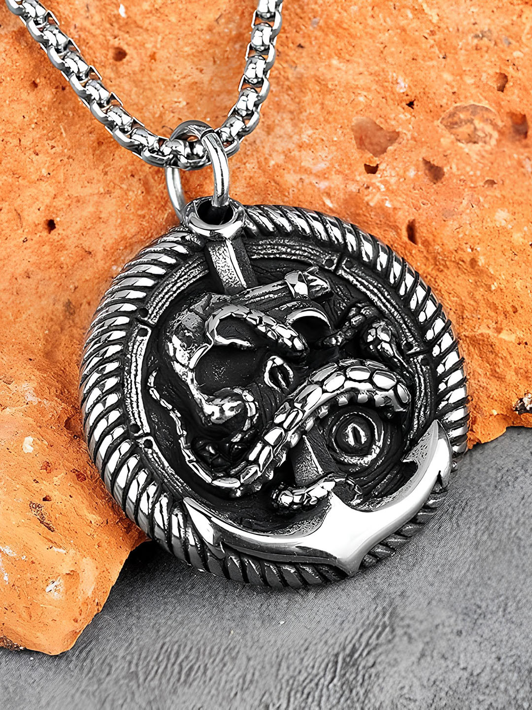 

KARISHMA KREATIONS Unisex Silver-Plated Anchor Skull-Charm Oxidised Pendant With Chain
