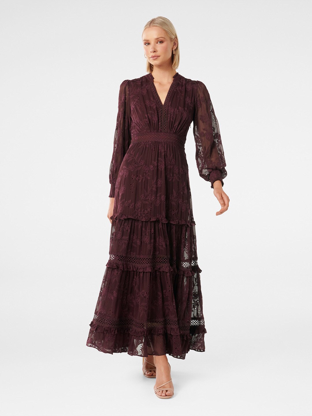 

Forever New Floral Embroidered Fit & Flare Maxi Dress, Maroon