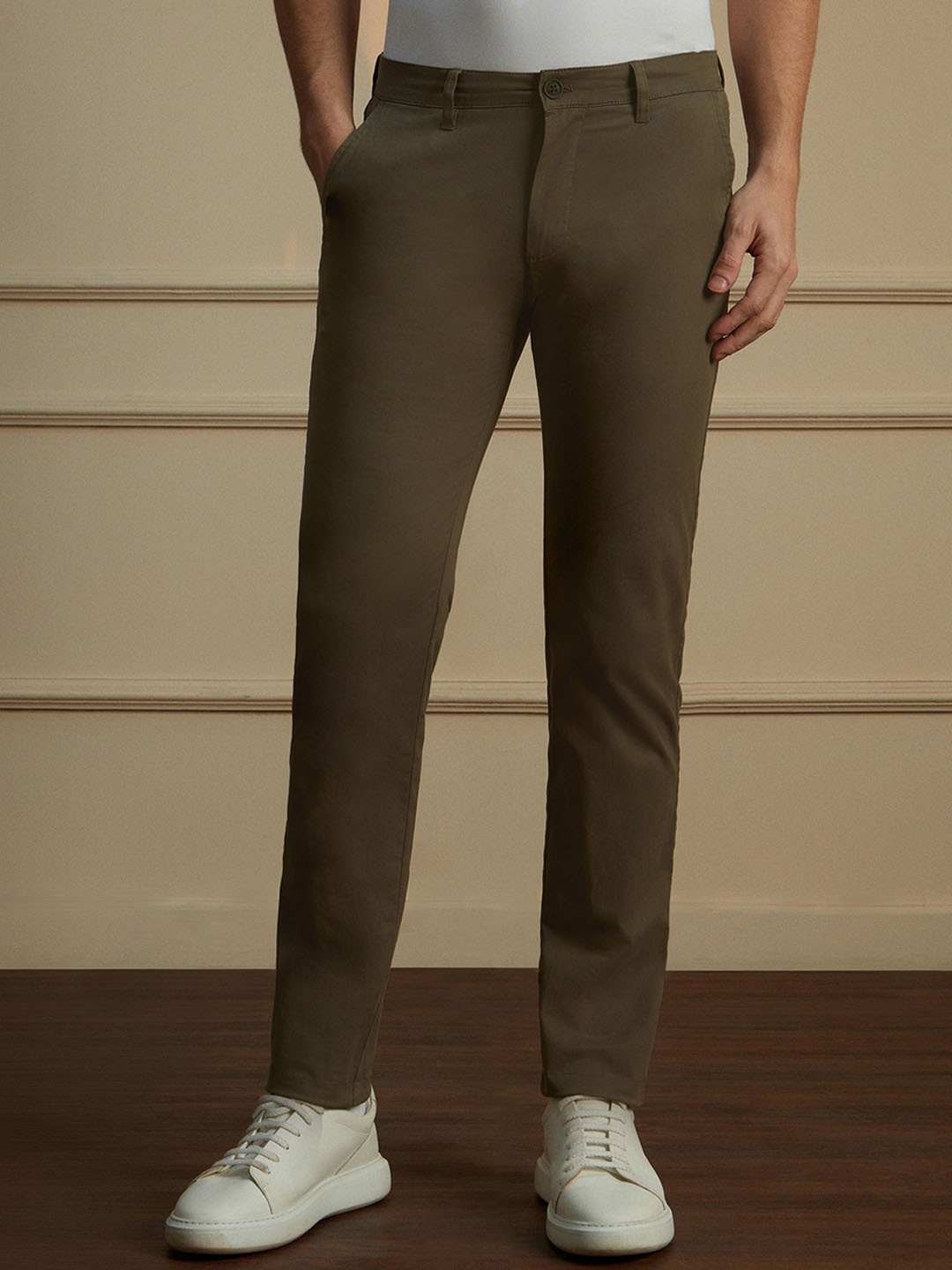

Peter England Casuals Men Mid-Rise Slim Fit Trousers, Olive