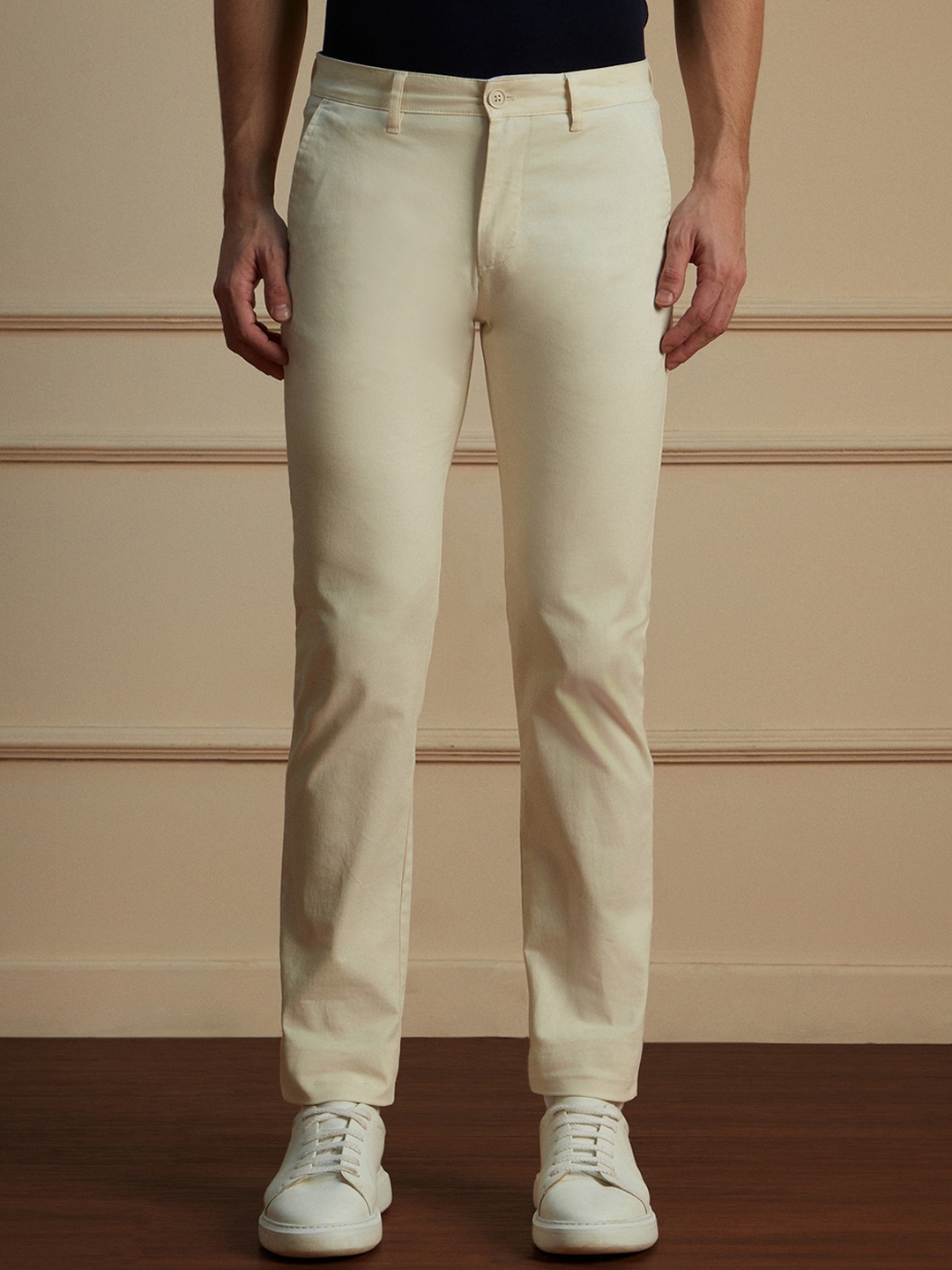 

Peter England Casuals Men Mid-Rise Slim Fit Trousers, Cream