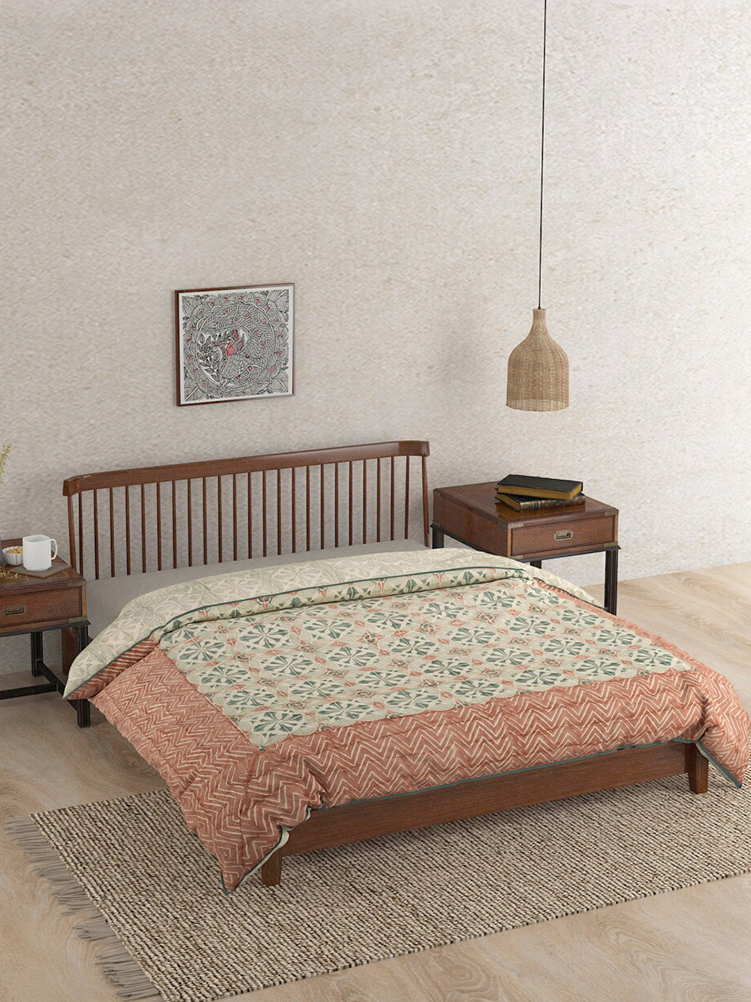

Fabindia Pink & Green Block Printed Cotton Mild Winter 350 GSM Single Bed Quilt