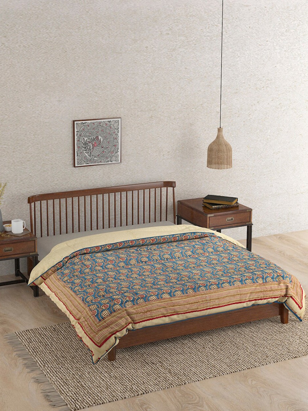 

Fabindia Blue & Pink Block Printed Cotton Mild Winter 350 GSM Single Bed Quilt