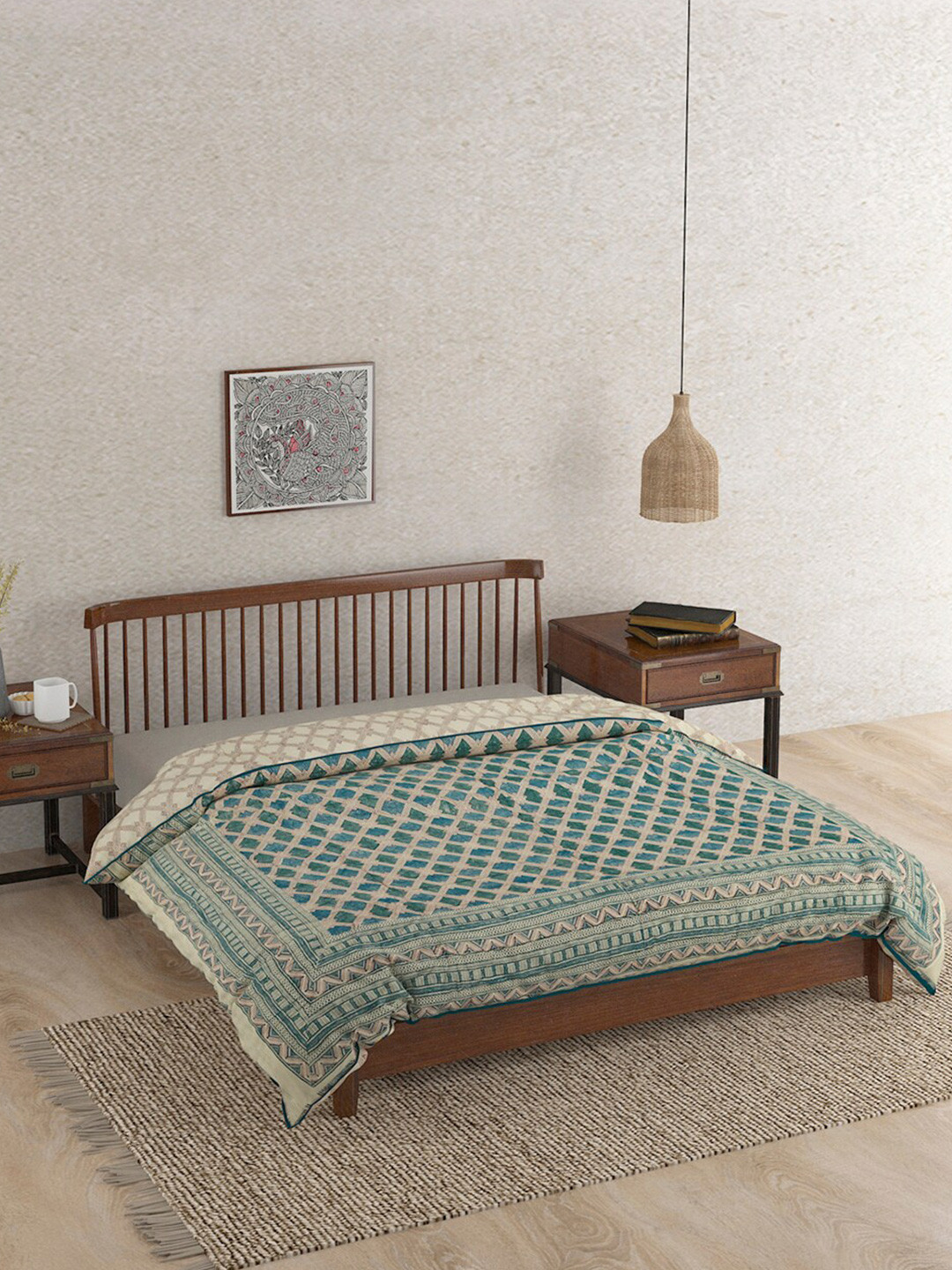 

Fabindia Green & Off White Block Printed Cotton Mild Winter 350 GSM Single Bed Quilt