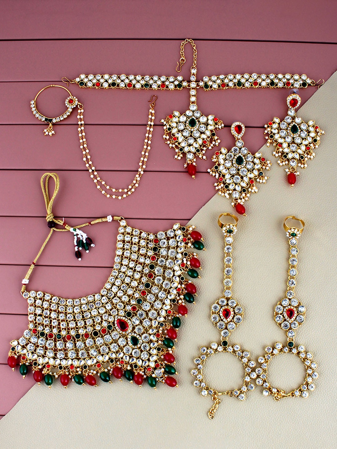 

LUCKY JEWELLERY Gold Plated Stone-Studded & Pearl-Beaded Jewellery Set