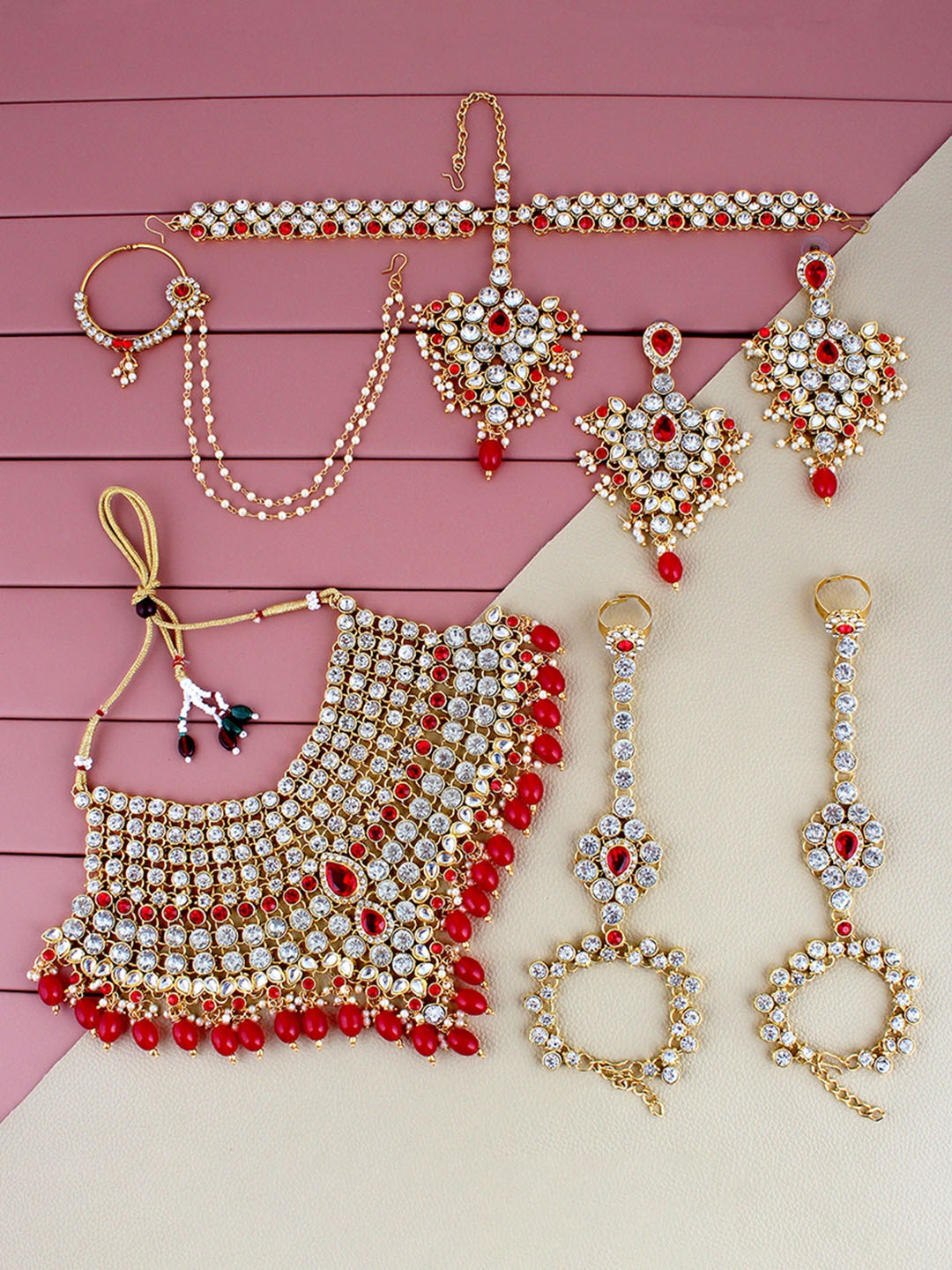 

LUCKY JEWELLERY Gold-Plated Bridal Jewellery Set, Red