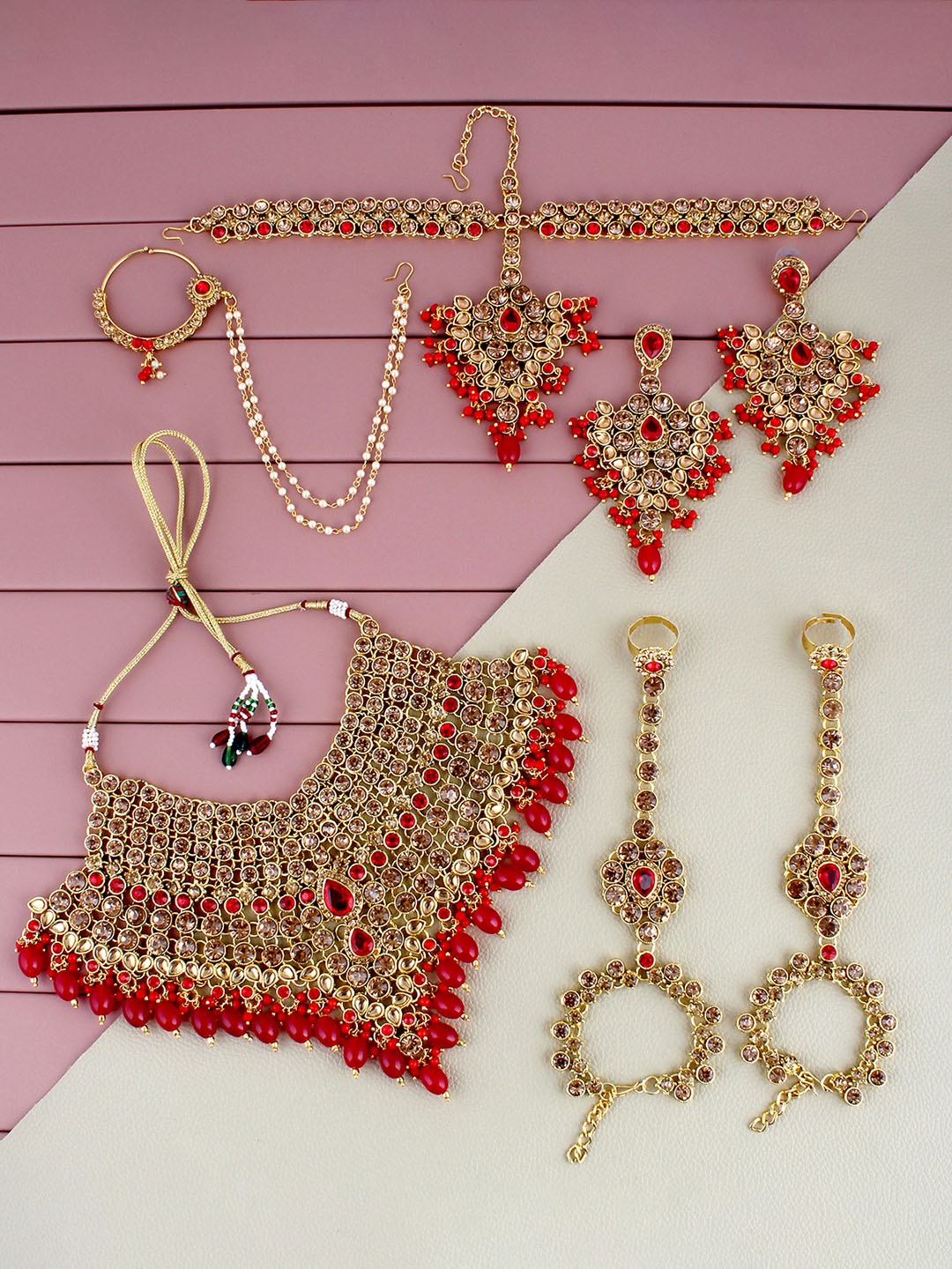 

LUCKY JEWELLERY Gold-Plated Bridal Jewellery Set, Red