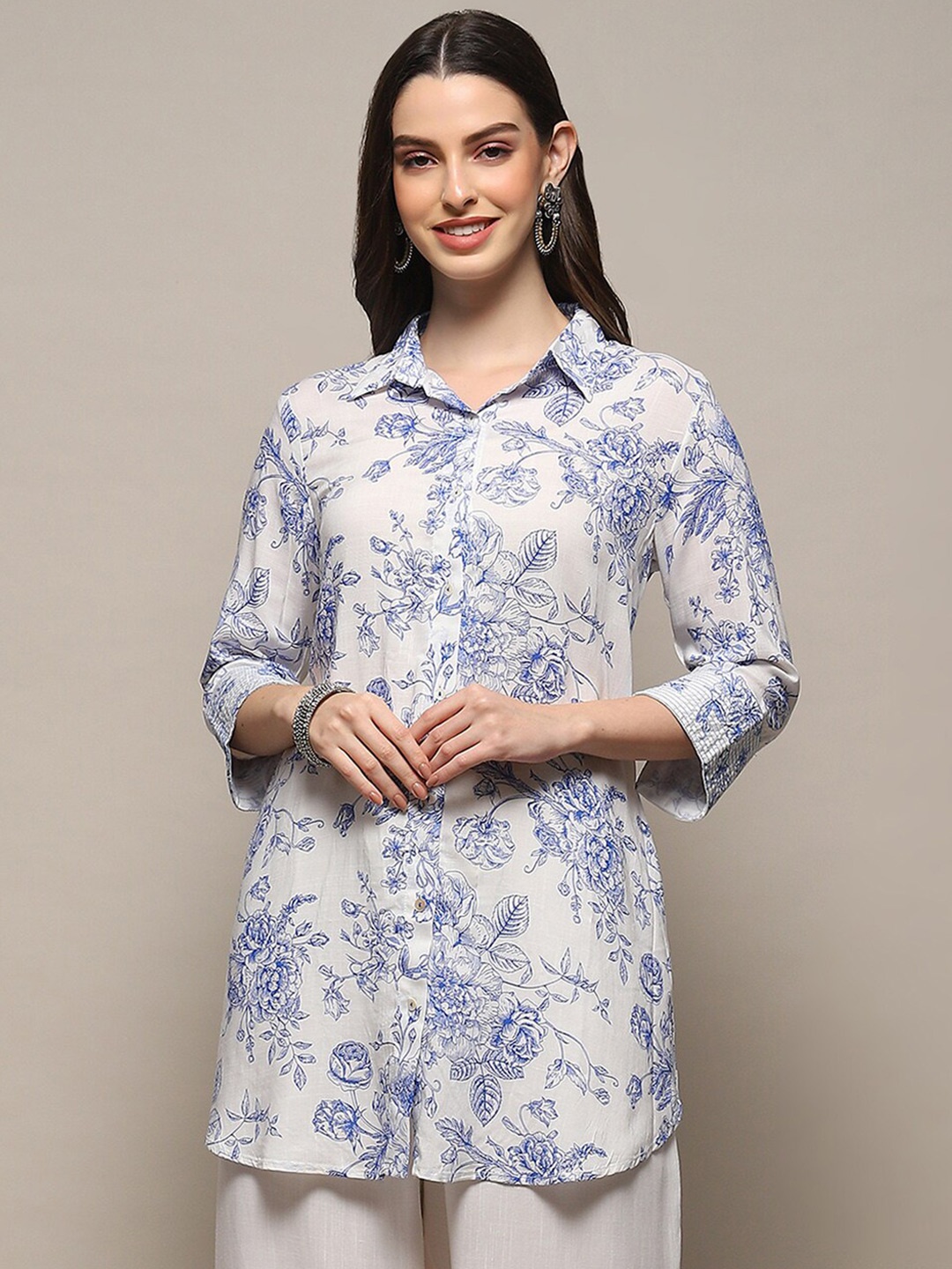 

Biba Floral Printed Shirt Collar A-Line Kurti, White