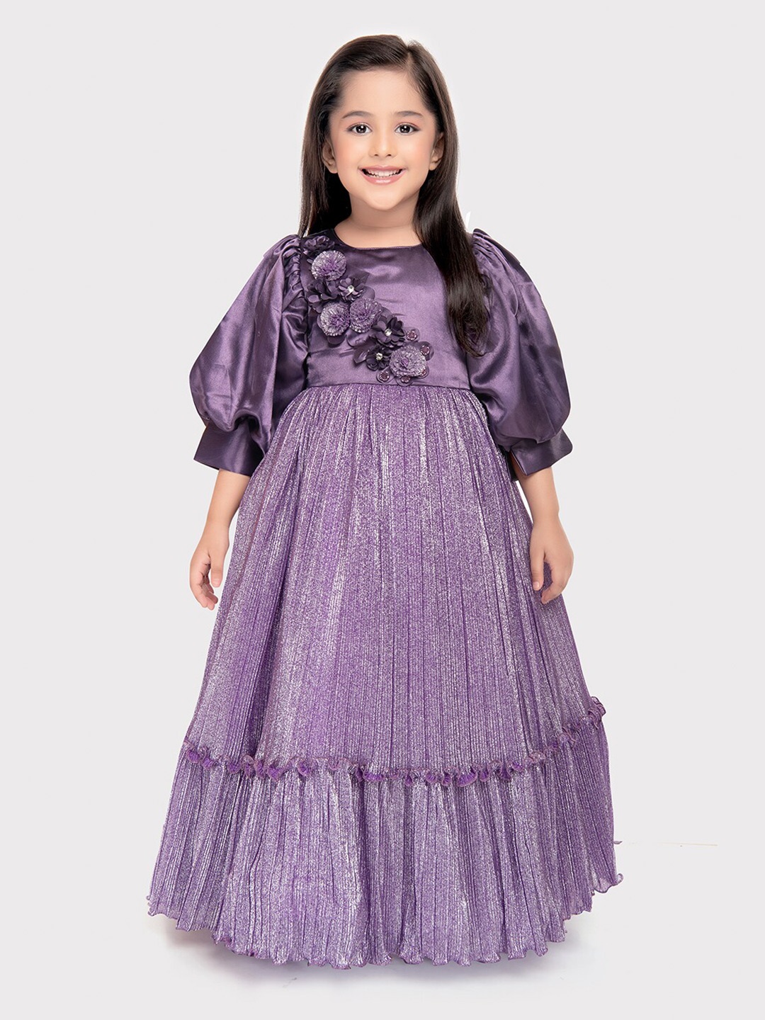 

BETTY Girls Puff Sleeves Bow Detail Georgette Fit & Flare Dress, Purple