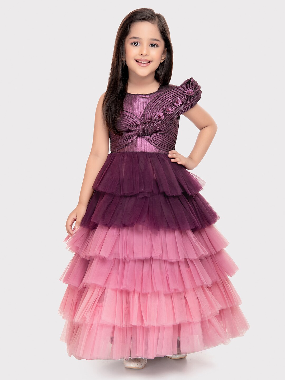

BETTY Girls Embellished Puff Sleeves Bow Detail Layered Tulle Fit & Flare Dress, Magenta