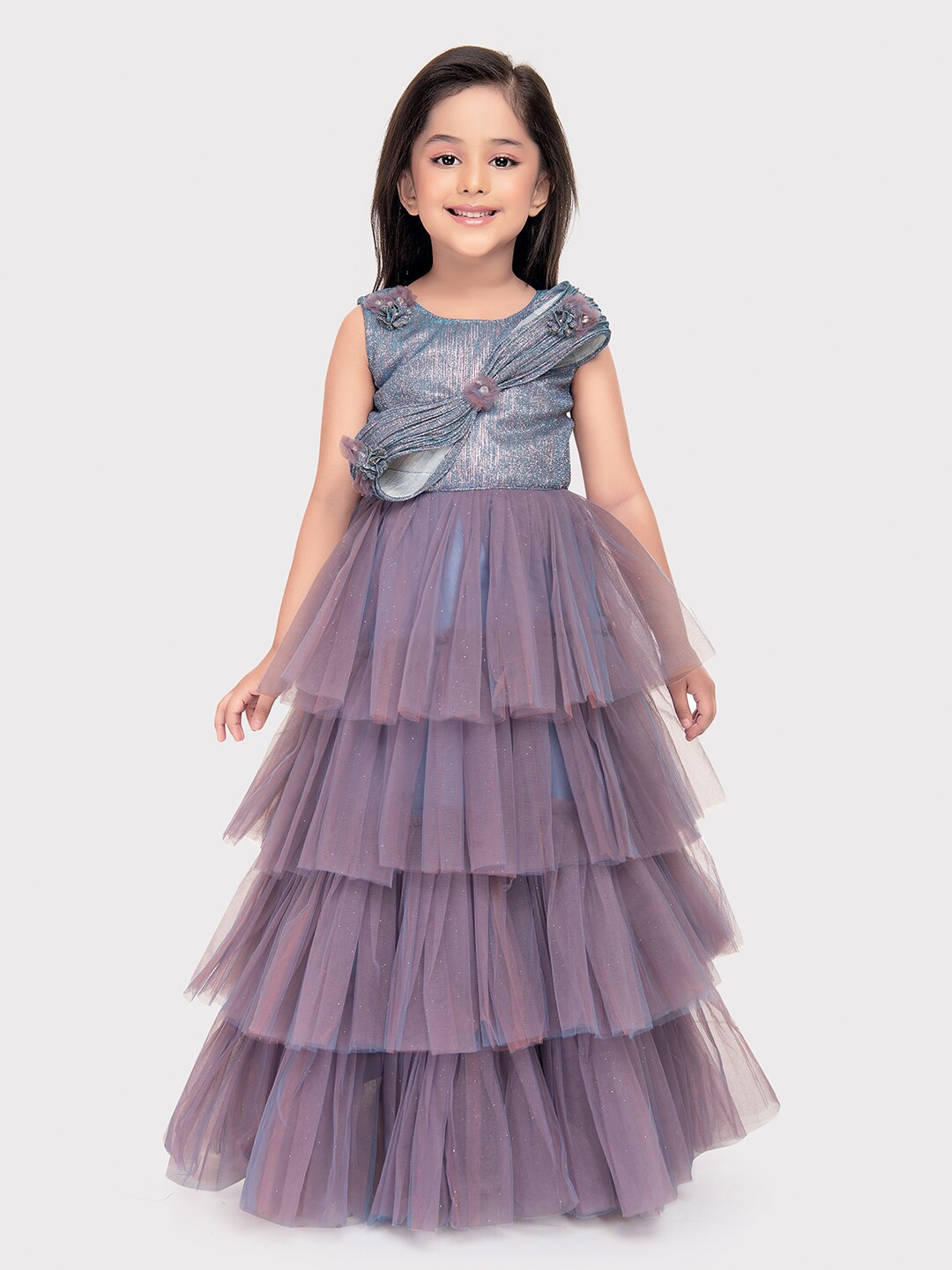 

BETTY Girls Sleeveless Layered Tulle Jacquard Net Fit & Flare Dress, Blue