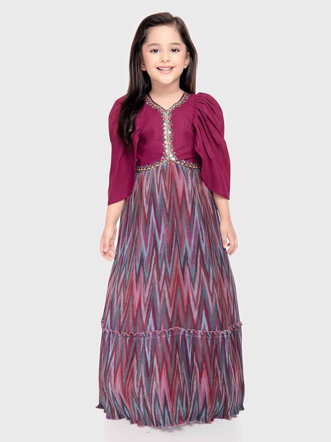 

BETTY Girls V-Neck Chevron Printed Georgette Dress, Magenta