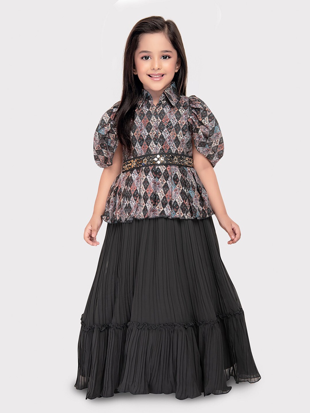 

BETTY Girls Shirt Collar Floral Printed Fit & Flare Georgette Dress, Grey
