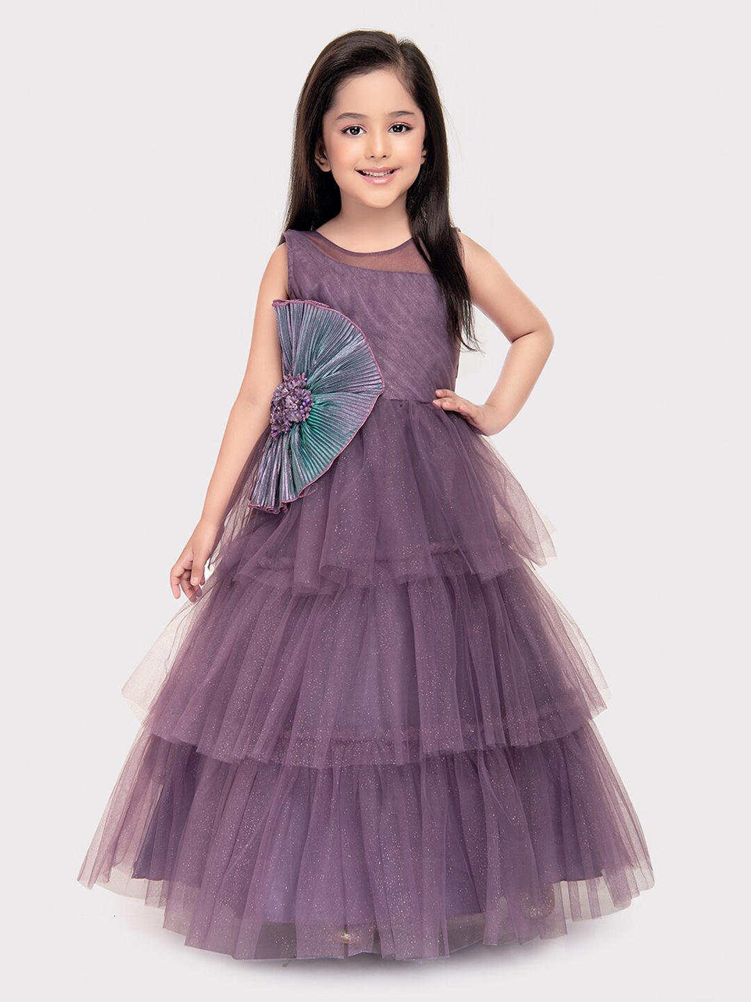 

BETTY Girls Sleeveless Layered Tulle Net Fit & Flare Dress, Purple