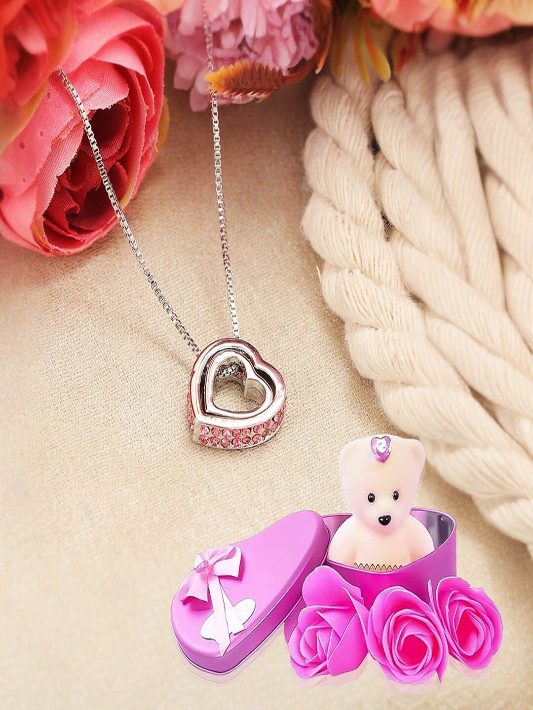 

UNIVERSITY TRENDZ Silver-Plated Heart Pendant With Chain & Teddy Home Gift Set