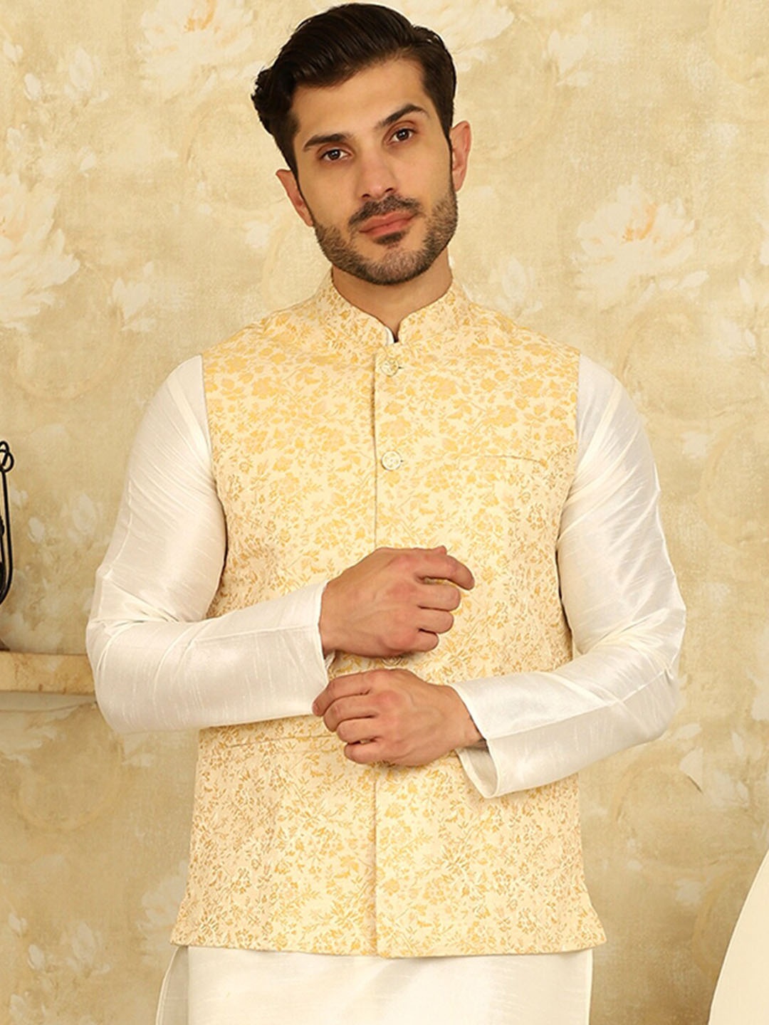 

Jompers Woven Design Satin Nehru Jacket, Gold