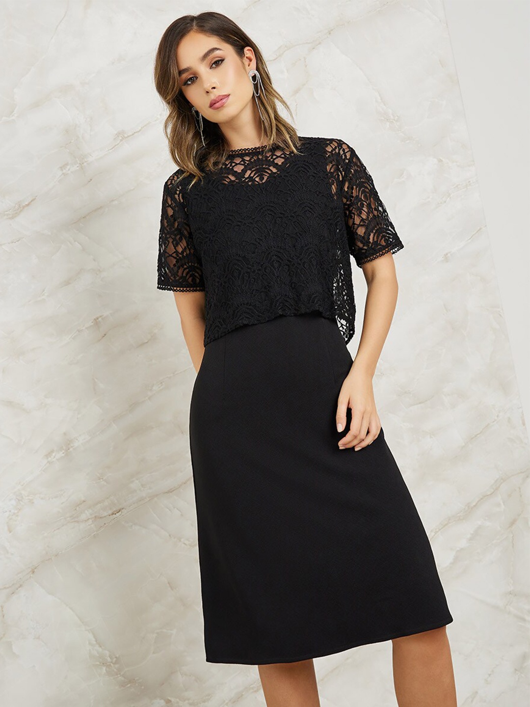 

Styli Black Self Design Layered Lace Sheath Dress