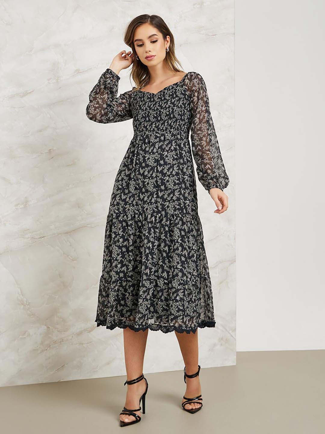 

Styli Black Floral Printed Smocked A-Line Midi Dress