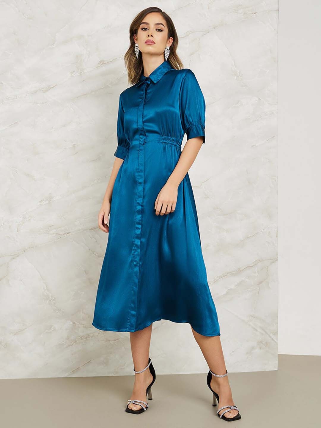 

Styli Women Puff Sleeves Shirt Style Midi Dress, Blue