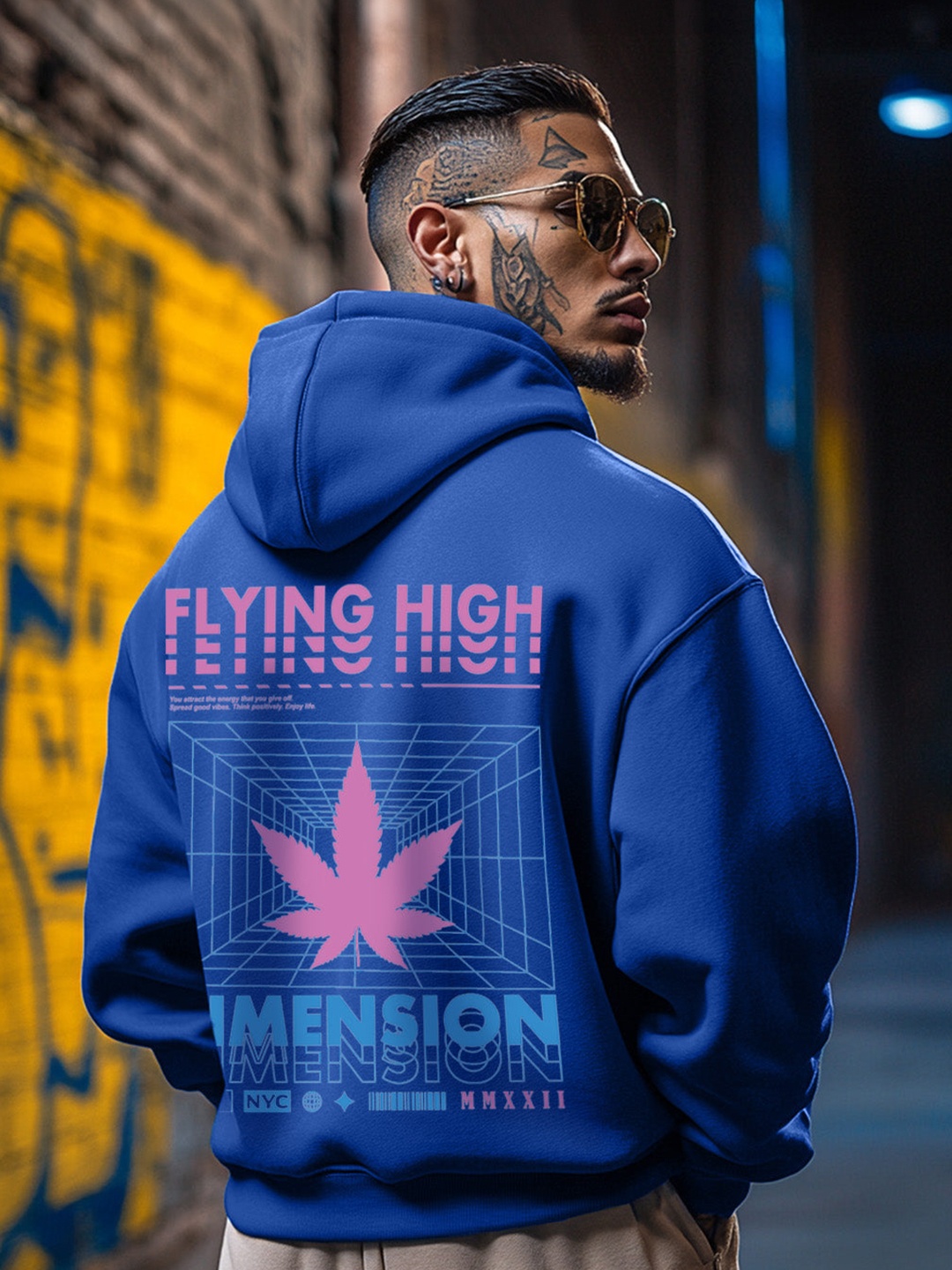 VEIRDO Typography Printed Hooded Fleece Sweatshirt, Blue