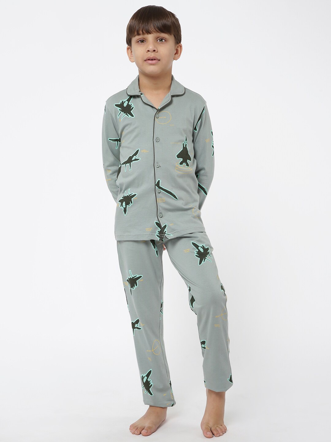 

Sweet Dreams Boys Green Conversational Printed Pure Cotton Night suit
