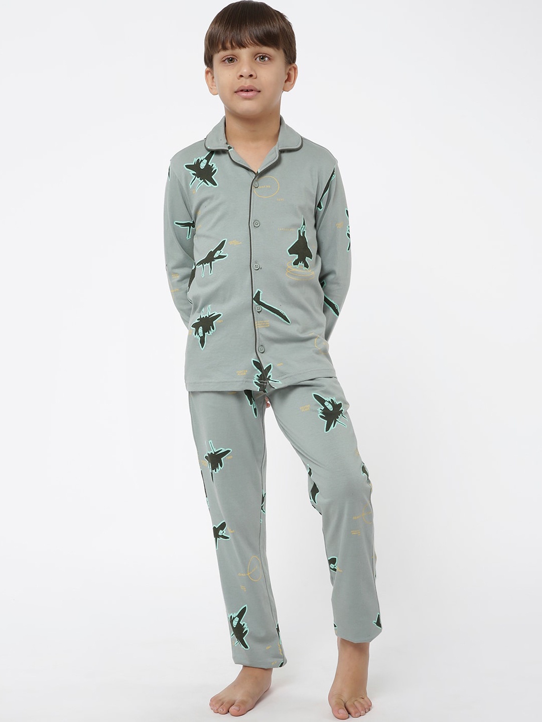 

Sweet Dreams Boys Green Graphic Printed Pure Cotton Night suit