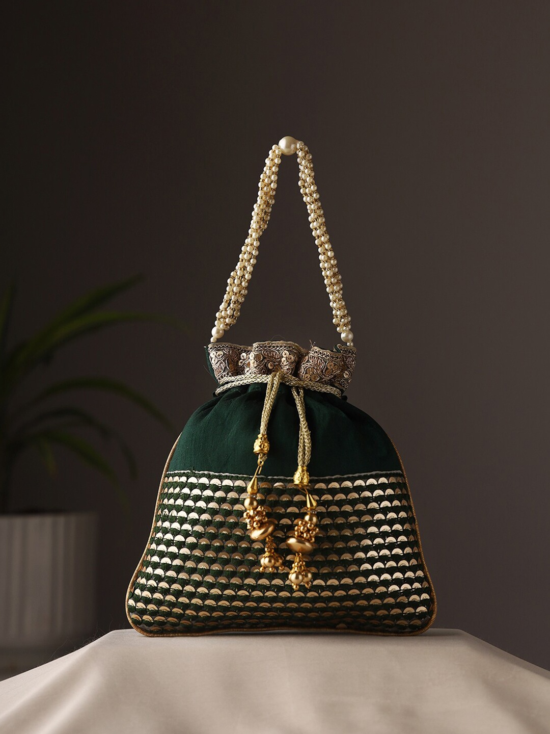 

Priyaasi Embellished Potli Clutch, Green