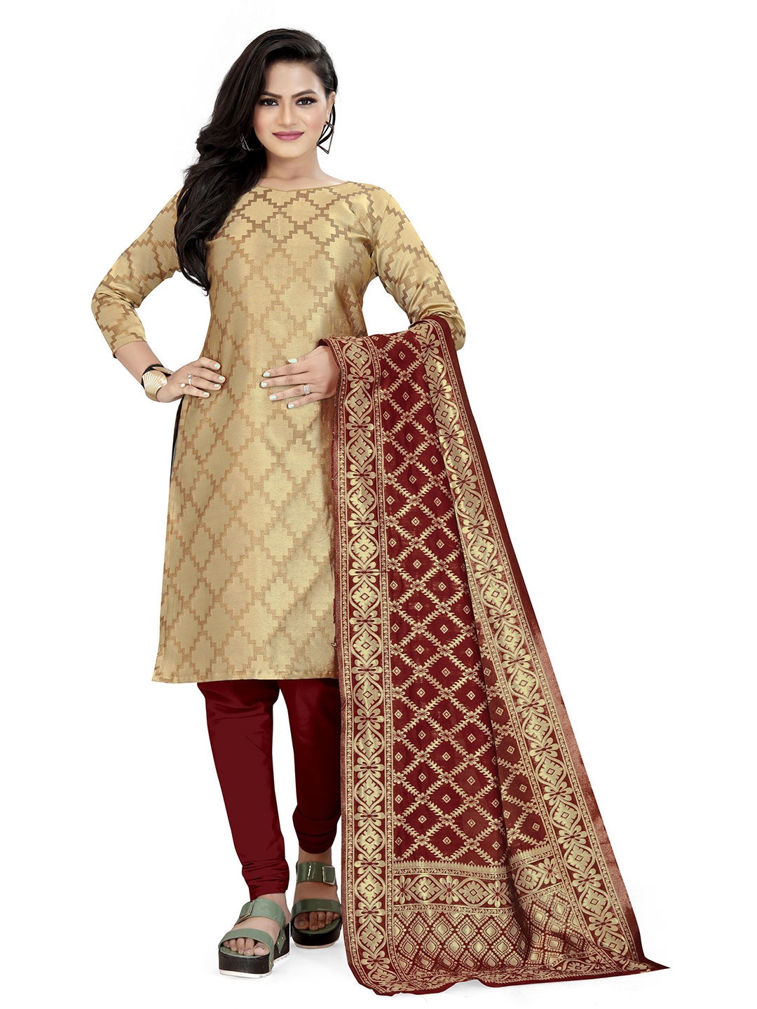 

MANVAA Woven Designed Banarasi Silk Unstitched Dress Material, Beige