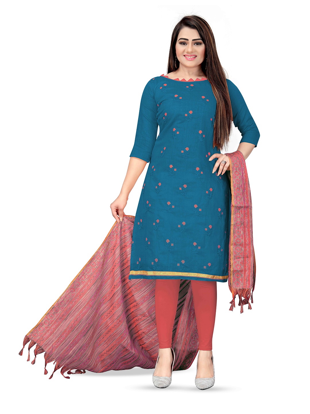 

MANVAA Floral Embroidered Banarasi Unstitched Dress Material, Blue